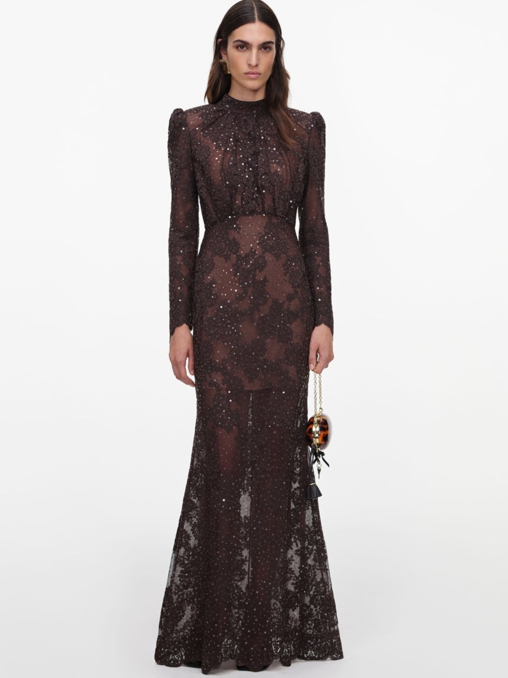 NWOT Self-Portrait BROWN SEQUIN LACE MAXI DRESS